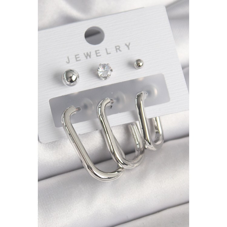 Pirinç Gümüş Renk Halka Model Zirkon Taşlı Topçuk Detay Kadın Küpe Seti - TJ-BKP10313 Pirinç Gümüş Renk Halka Model Zirkon Taşlı Topçuk Detay Kadın Küpe Seti - TJ-BKP10313