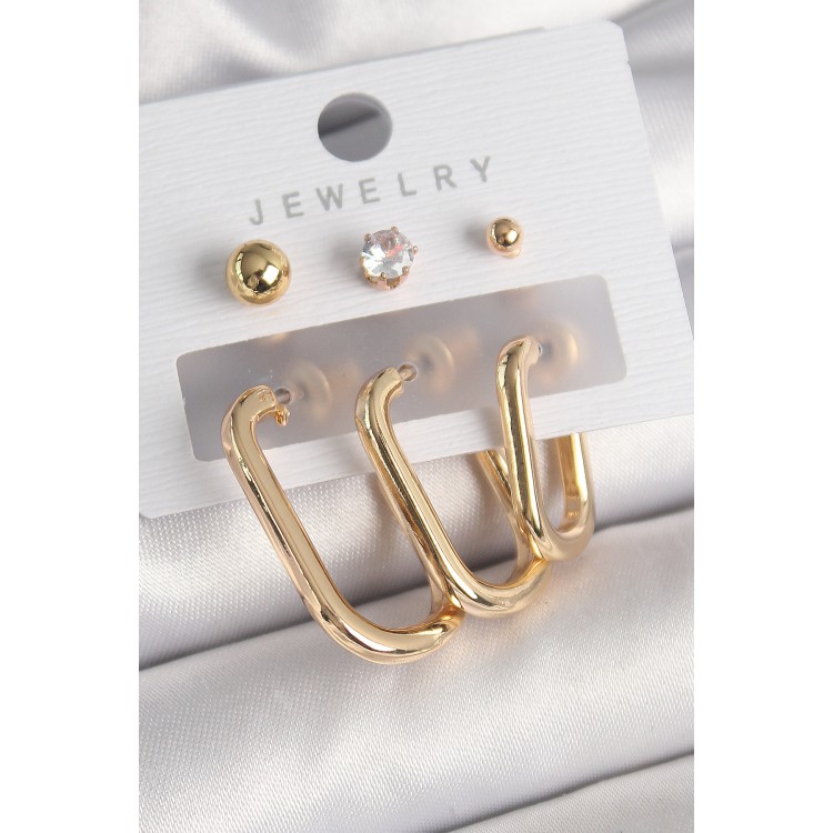Pirinç Gold Renk Halka Model Zirkon Taş Topçuk Detay Kadın Küpe Seti - TJ-BKP10314