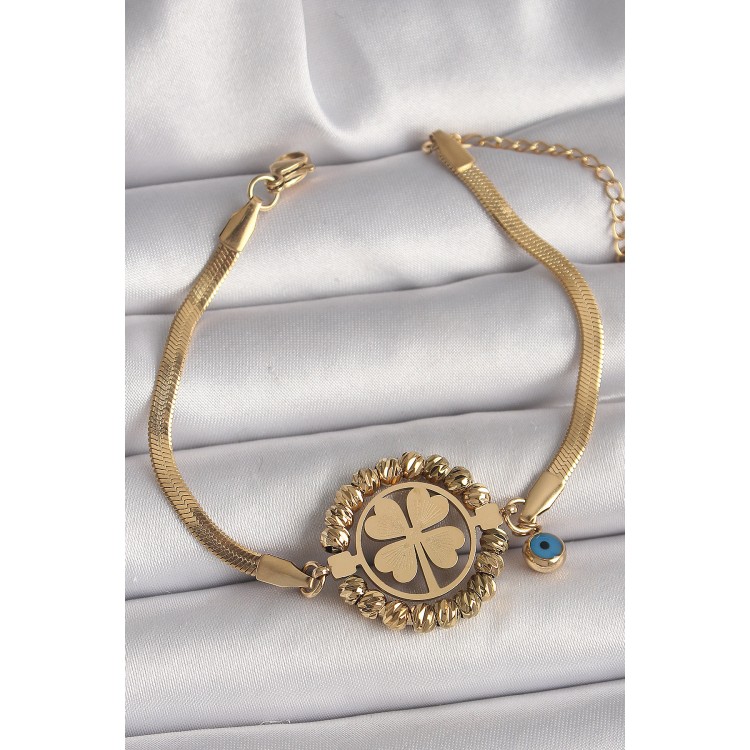 316L Çelik Gold Renk İtalyan Zincir Model Dorika Yonca Figür Nazar Boncuk Detay Kadın Bileklik - TJ-BB6785 316L Çelik Gold Renk İtalyan Zincir Model Dorika Yonca Figür Nazar Boncuk Detay Kadın Bileklik - TJ-BB6785