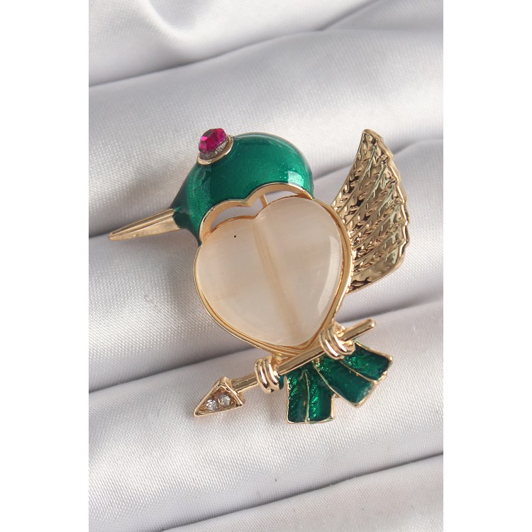 Pirinç Gold Renk Beyaz Mineli Kalp Yeşil Sinek Kuşu Model Pembe Zirkon Taş Detay Kadın Broş - TJ-BR419 Pirinç Gold Renk Beyaz Mineli Kalp Yeşil Sinek Kuşu Model Pembe Zirkon Taş Detay Kadın Broş - TJ-BR419