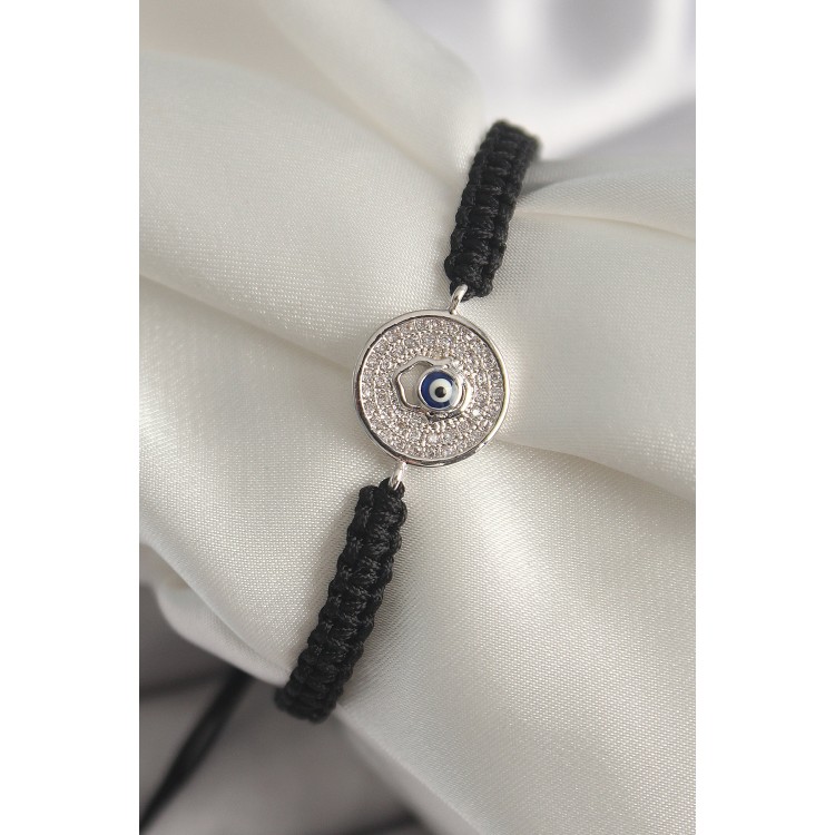 Pirinç Gümüş Renk Zirkon Taşlı Nazar Boncuk İşleme Makrome Asansörlü Model Kadın Bileklik - TJ-BB6787