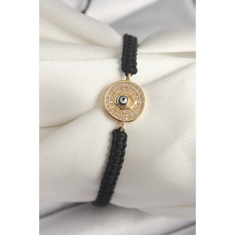 Pirinç Gold Renk Zirkon Taşlı Nazar Boncuk İşleme Makrome Asansörlü Model Kadın Bileklik - TJ-BB6789