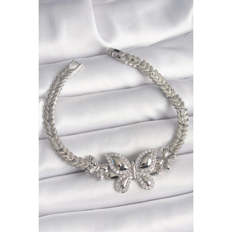 Pirinç Gümüş Renk Zirkon Taşlı Kelebek Model Kadın Bileklik - TJ-BB6815