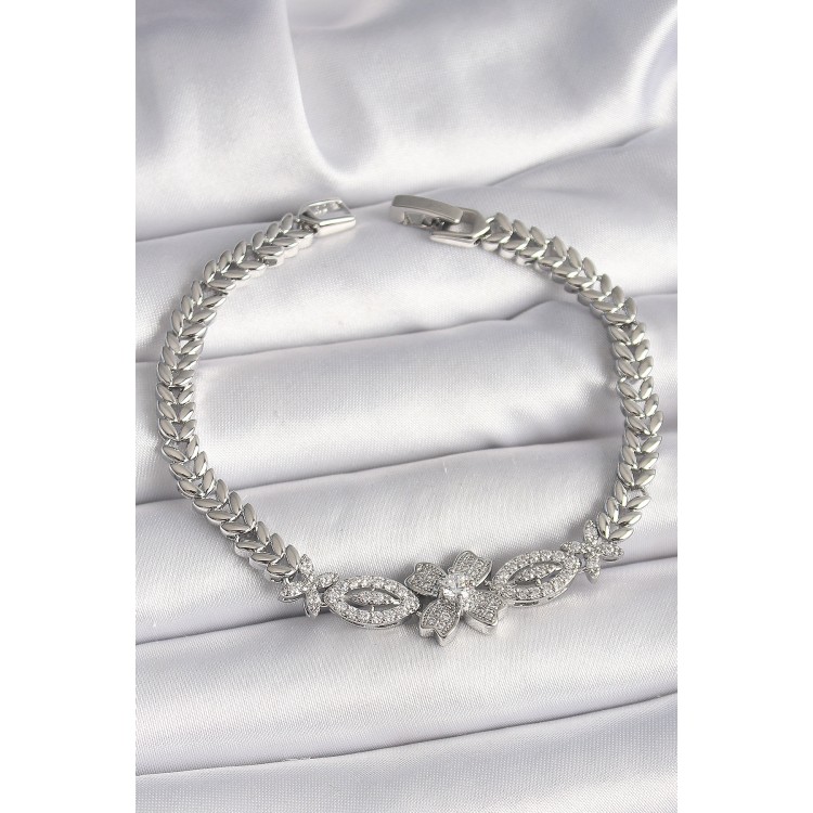 Pirinç Gümüş Renk Zirkon Taşlı Çiçek Figür Arpa Zincir Model Kadın Bileklik - TJ-BB6817 Pirinç Gümüş Renk Zirkon Taşlı Çiçek Figür Arpa Zincir Model Kadın Bileklik - TJ-BB6817