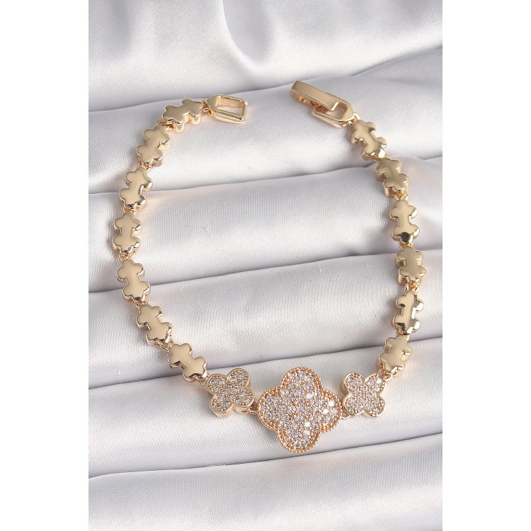 Pirinç Gold Renk Zirkon Taşlı Yonca Model Zincir Kadın Bileklik - TJ-BB6822 Pirinç Gold Renk Zirkon Taşlı Yonca Model Zincir Kadın Bileklik - TJ-BB6822