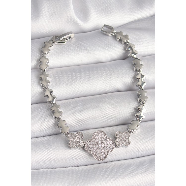 Pirinç Gümüş Renk Zirkon Taşlı Yonca Model Zincir Model Kadın Bileklik - TJ-BB6823 Pirinç Gümüş Renk Zirkon Taşlı Yonca Model Zincir Model Kadın Bileklik - TJ-BB6823