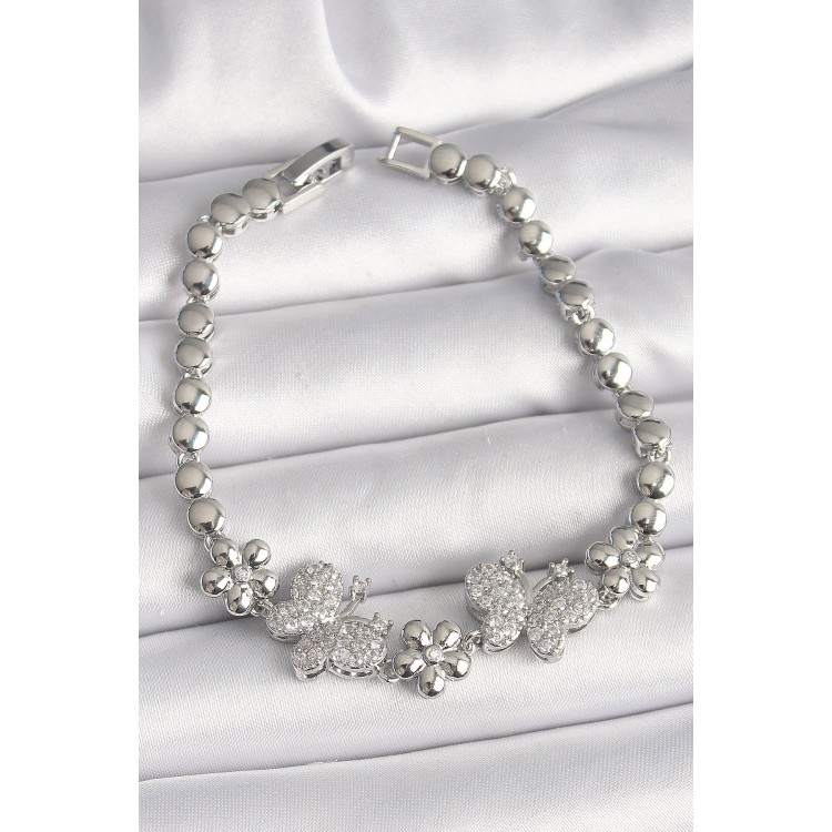 Pirinç Gümüş Renk Zirkon Taşlı Kelebek Figür Çiçek Zincir Model Kadın Bileklik - TJ-BB6827 Pirinç Gümüş Renk Zirkon Taşlı Kelebek Figür Çiçek Zincir Model Kadın Bileklik - TJ-BB6827