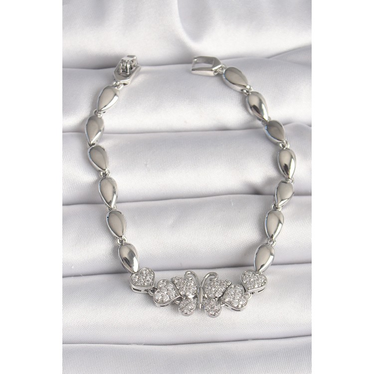 Pirinç Gümüş Renk Zirkon Taşlı Kelebek Figür Damla Zincir Model Kadın Bileklik - TJ-BB6841 Pirinç Gümüş Renk Zirkon Taşlı Kelebek Figür Damla Zincir Model Kadın Bileklik - TJ-BB6841