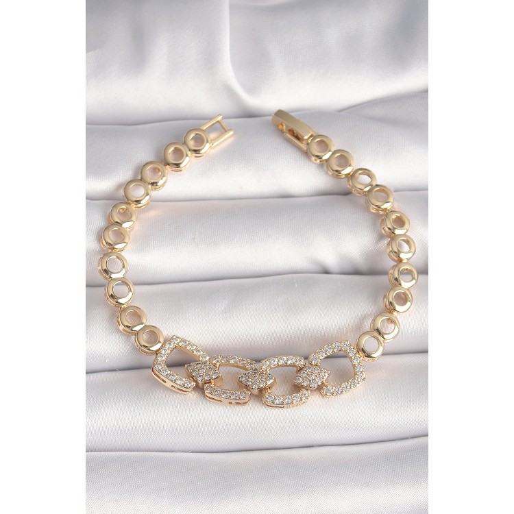 Pirinç Gold Renk Zirkon Taşlı Daire Zincir Model Kadın Bileklik - TJ-BB6842 Pirinç Gold Renk Zirkon Taşlı Daire Zincir Model Kadın Bileklik - TJ-BB6842