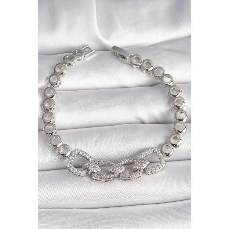 Pirinç Gümüş Renk Zirkon Taşlı Daire Zincir Model Kadın Bileklik - TJ-BB6843 Pirinç Gümüş Renk Zirkon Taşlı Daire Zincir Model Kadın Bileklik - TJ-BB6843