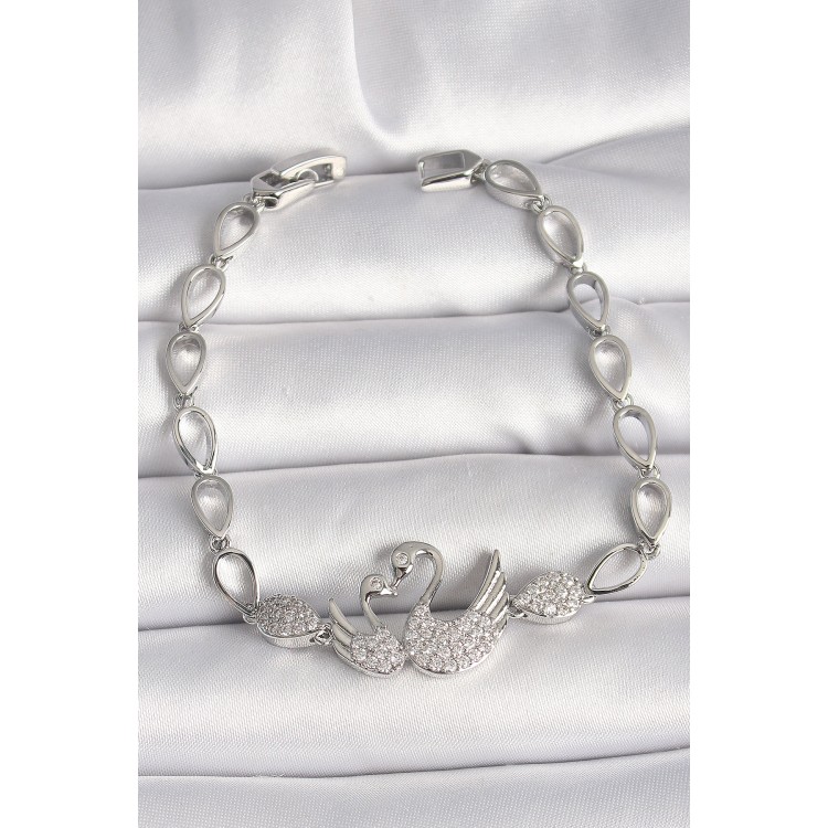 Pirinç Gümüş Renk Zirkon Taşlı Kuğu Figür Damla Zincir Model Kadın Bileklik - TJ-BB6850