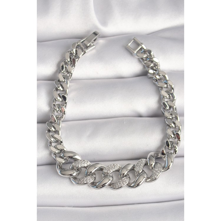 Pirinç Gümüş Renk Zirkon Taşlı Kalın Halka Model Kadın Bileklik - TJ-BB6854 Pirinç Gümüş Renk Zirkon Taşlı Kalın Halka Model Kadın Bileklik - TJ-BB6854