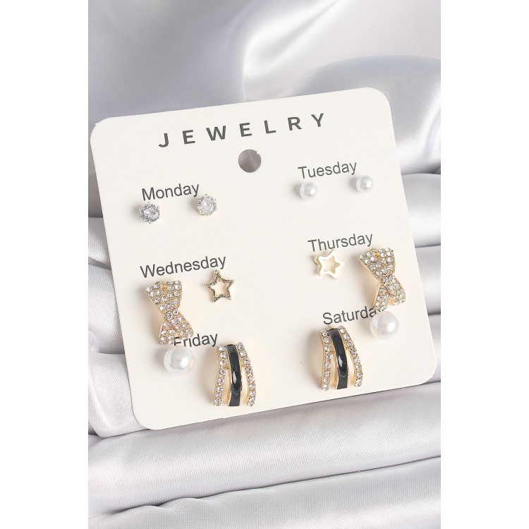 Pirinç Gold Renk Zirkon Taş Yıldız Detaylı İncili 7'Li Set Kadın Küpe Seti - TJ-BKP10320 Pirinç Gold Renk Zirkon Taş Yıldız Detaylı İncili 7'Li Set Kadın Küpe Seti - TJ-BKP10320