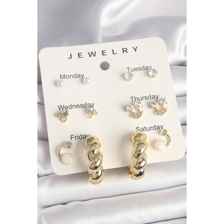 Pirinç Gold Renk Zirkon Taşlı Sarmal Halka Model 7'Li Kadın Küpe Seti - TJ-BKP10324 Pirinç Gold Renk Zirkon Taşlı Sarmal Halka Model 7'Li Kadın Küpe Seti - TJ-BKP10324