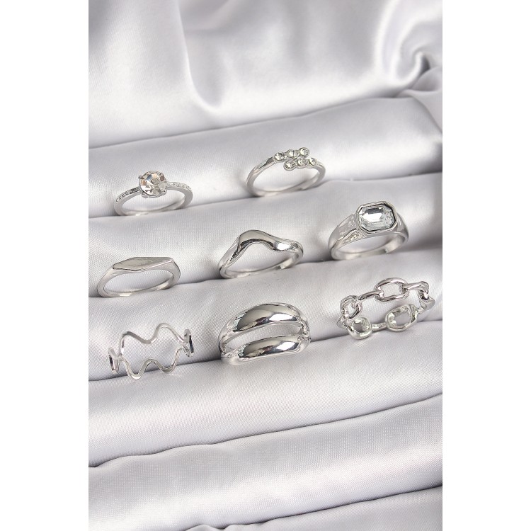 Pirinç Gümüş Renk Zirkon Taşlı Zincir Model Detay Kadın Yüzük Kombini - TJ-BYK3647 Pirinç Gümüş Renk Zirkon Taşlı Zincir Model Detay Kadın Yüzük Kombini - TJ-BYK3647