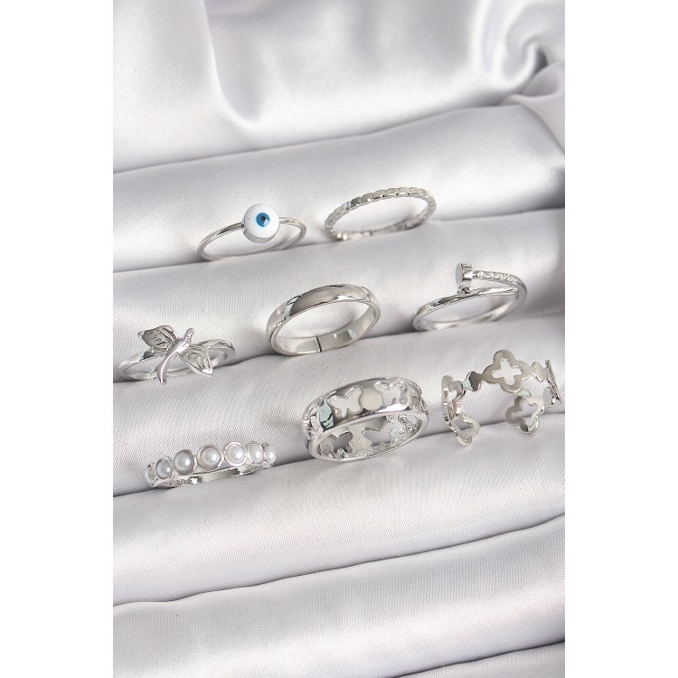 Pirinç Gümüş Renk Nazar Boncuk Detay İncili Kelebek İşlemeli Kadın Yüzük Kombini - TJ-BYK3649 Pirinç Gümüş Renk Nazar Boncuk Detay İncili Kelebek İşlemeli Kadın Yüzük Kombini - TJ-BYK3649