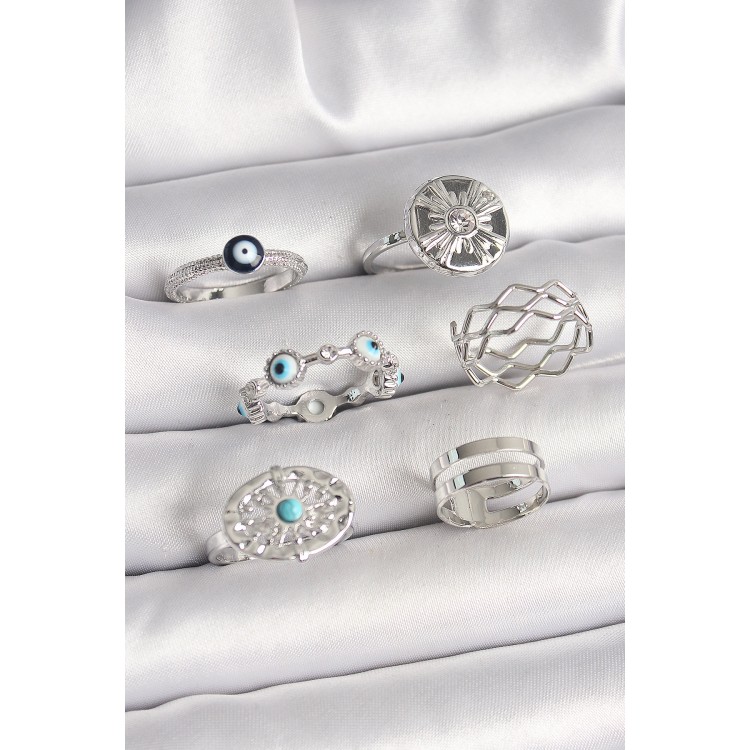 Pirinç Gümüş Renk Nazar Boncuk Zirkon Taş Detaylı Dalga Figür Kadın Yüzük Kombini - TJ-BYK3653 Pirinç Gümüş Renk Nazar Boncuk Zirkon Taş Detaylı Dalga Figür Kadın Yüzük Kombini - TJ-BYK3653