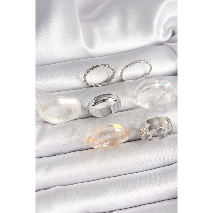 Pirinç Gümüş Renk Beyaz Akrilik Plastik Model Kutup Yıldız İşleme Detaylı Kadın Yüzük Kombini - TJ-BYK3655 Pirinç Gümüş Renk Beyaz Akrilik Plastik Model Kutup Yıldız İşleme Detaylı Kadın Yüzük Kombini - TJ-BYK3655