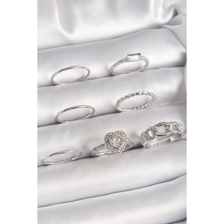 Pirinç Gümüş Renk Zirkon Taşlı Kalp Model Kadın Yüzük Kombini - TJ-BYK3661 Pirinç Gümüş Renk Zirkon Taşlı Kalp Model Kadın Yüzük Kombini - TJ-BYK3661