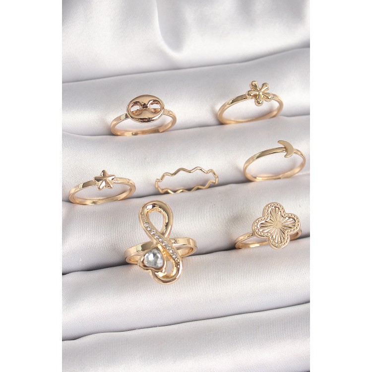 Pirinç Gold Renk Zirkon Taşlı Sonsuzluk Figür Yıldız Detay Kadın Yüzük Kombini - TJ-BYK3674 Pirinç Gold Renk Zirkon Taşlı Sonsuzluk Figür Yıldız Detay Kadın Yüzük Kombini - TJ-BYK3674