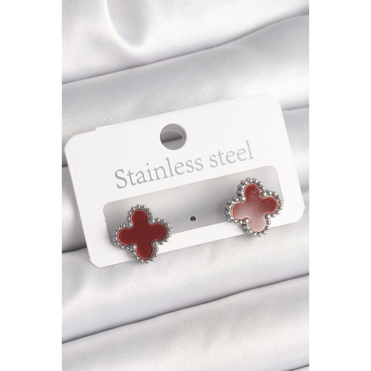 Pirinç Gümüş Renk Bordo Yonca Model Kadın Küpe - TJ-BKP10359 Pirinç Gümüş Renk Bordo Yonca Model Kadın Küpe - TJ-BKP10359