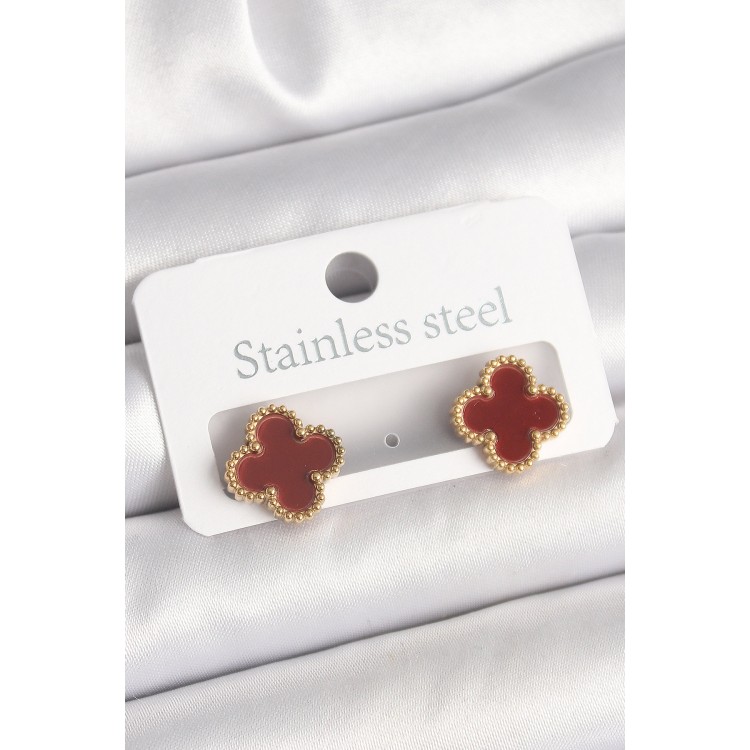 Pirinç Gold Renk Bordo Yonca Model Kadın Küpe - TJ-BKP10360 Pirinç Gold Renk Bordo Yonca Model Kadın Küpe - TJ-BKP10360