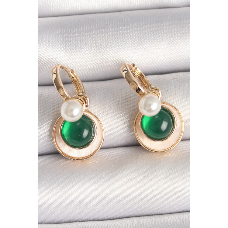 Pirinç Gold Renk Beyaz Yeşil Sallantı Mineli Kadın Küpe - TJ-BKP10363 Pirinç Gold Renk Beyaz Yeşil Sallantı Mineli Kadın Küpe - TJ-BKP10363