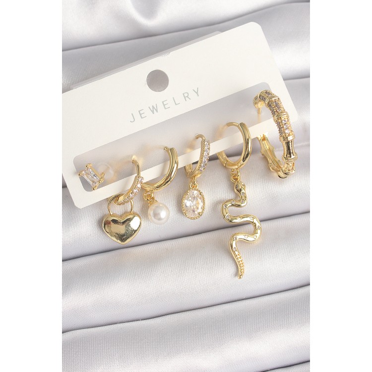 Pirinç Gold Renk Sallantı Yılan Model Zirkon Taşlı Halka Kilit Kalp Detay Kadın Küpe Seti - TJ-BKP10369 Pirinç Gold Renk Sallantı Yılan Model Zirkon Taşlı Halka Kilit Kalp Detay Kadın Küpe Seti - TJ-BKP10369