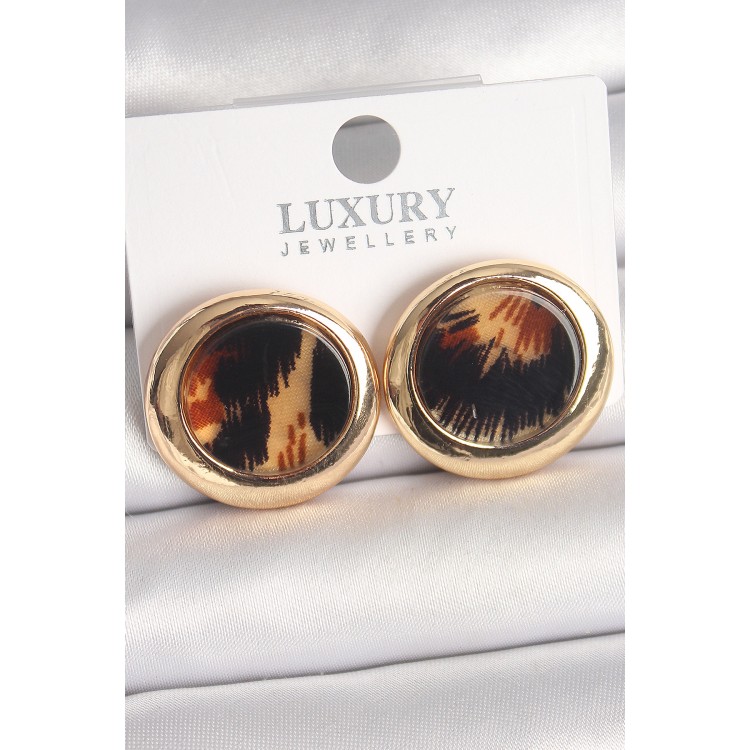 Pirinç Gold Renk Leopar Desen Daire Model Kadın Küpe - TJ-BKP10371