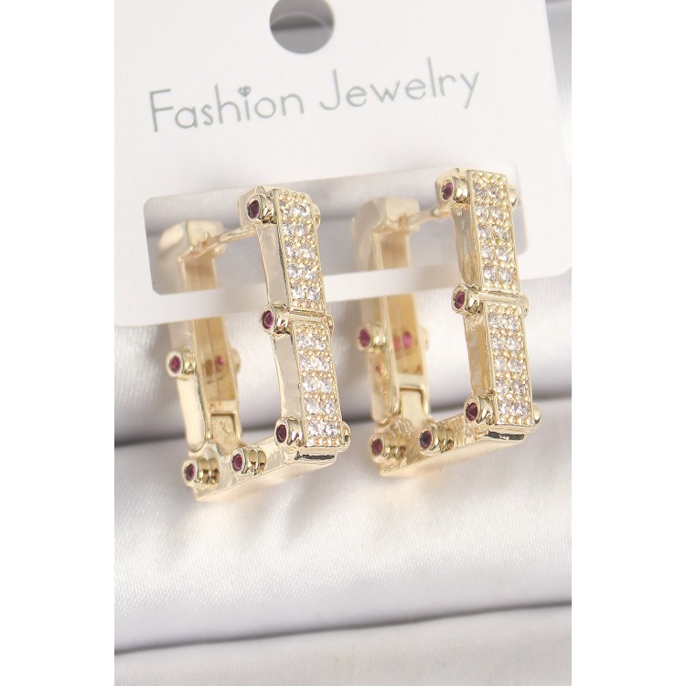 Pirinç Gold Renk Kare Zirkon Taşlı Kadın Küpe - TJ-BKP10373