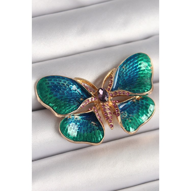 Pirinç Gold Renk Turquaz Model Zirkon Taş Detaylı Kelebek Model Kadın Broş - TJ-BR429 Pirinç Gold Renk Turquaz Model Zirkon Taş Detaylı Kelebek Model Kadın Broş - TJ-BR429
