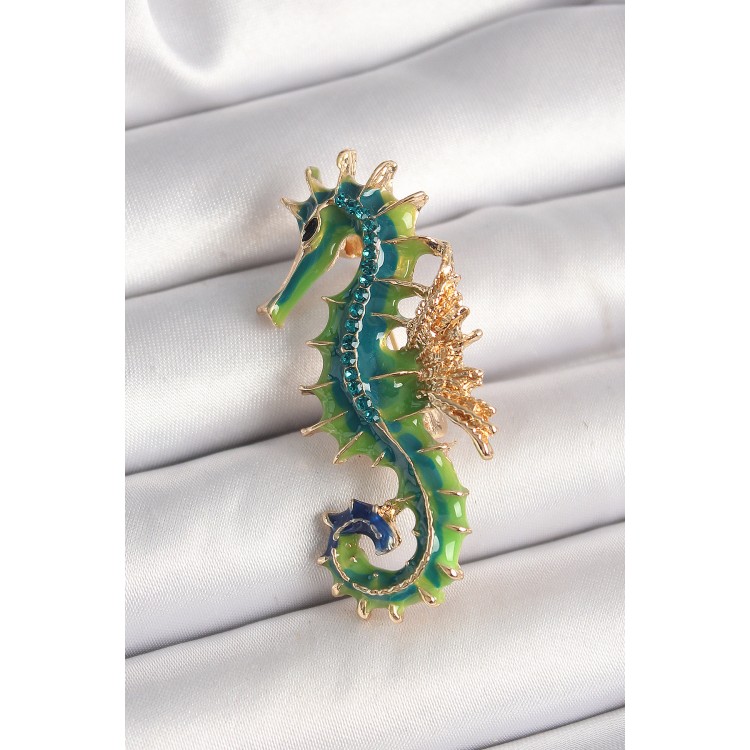 Pirinç Gold Renk Yeşil Deniz Atı Model Zirkon Taş Detay Kadın Broş - TJ-BR435 Pirinç Gold Renk Yeşil Deniz Atı Model Zirkon Taş Detay Kadın Broş - TJ-BR435