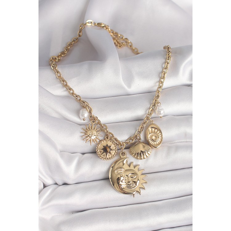 316L Çelik Gold Renk Ay Güneş Figür Deniz Kabuğu Detay Kadın Kolye - TJ-BKO9913 316L Çelik Gold Renk Ay Güneş Figür Deniz Kabuğu Detay Kadın Kolye - TJ-BKO9913