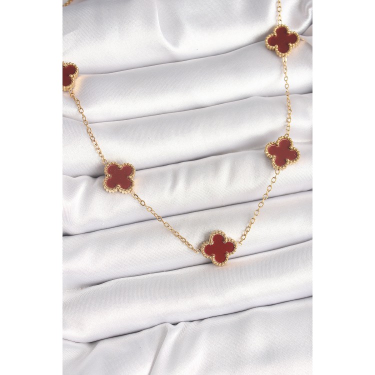 316L Çelik Gold Renk Zincir Bordo Yonca Model Kadın Kolye - TJ-BKO9926