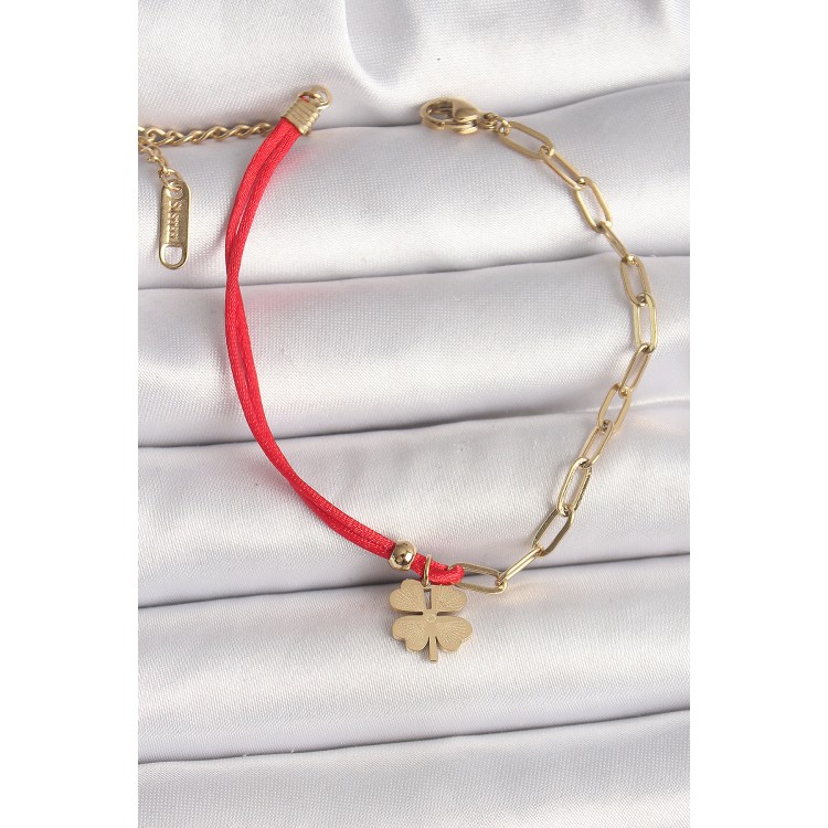 316L Çelik Gold Renk Zincir Kırmızı İp Model Sallantı Yonca Figür Kadın Bileklik - TJ-BB6867