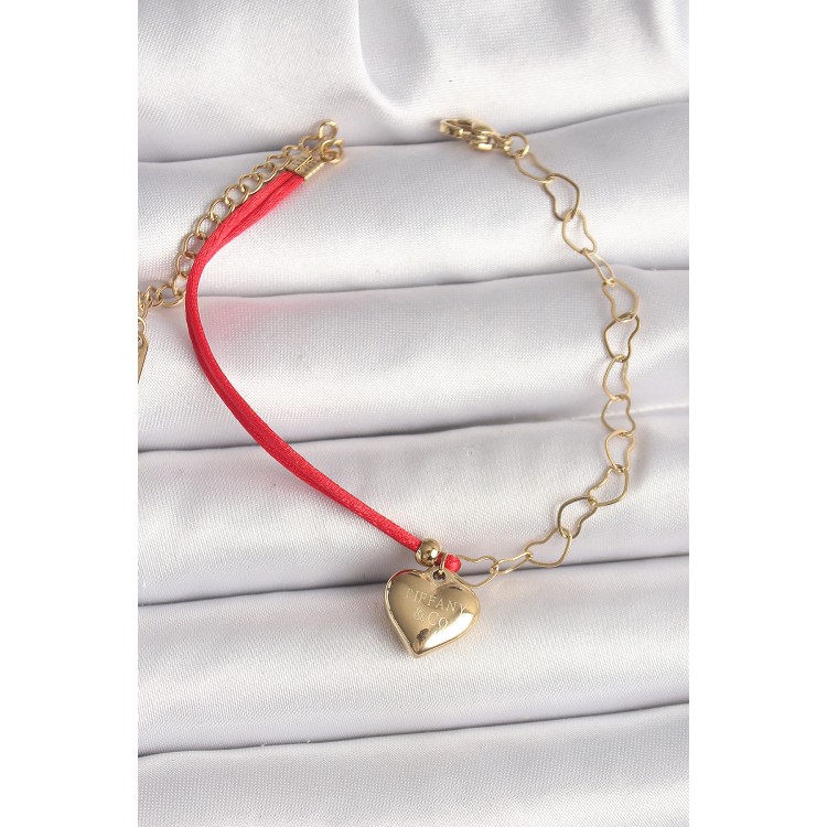 316L Çelik Gold Renk Zincir Kırmızı İp Model Sallantı Kalp Figür İşleme Detaylı Kadın Bileklik - TJ-BB6868