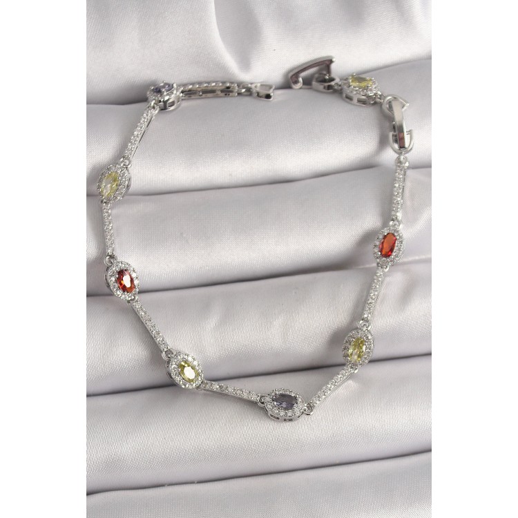 Pirinç Gümüş Renk Renkli Zirkon Taşlı Damla Taş Model Kadın Bileklik - TJ-BB6873 Pirinç Gümüş Renk Renkli Zirkon Taşlı Damla Taş Model Kadın Bileklik - TJ-BB6873