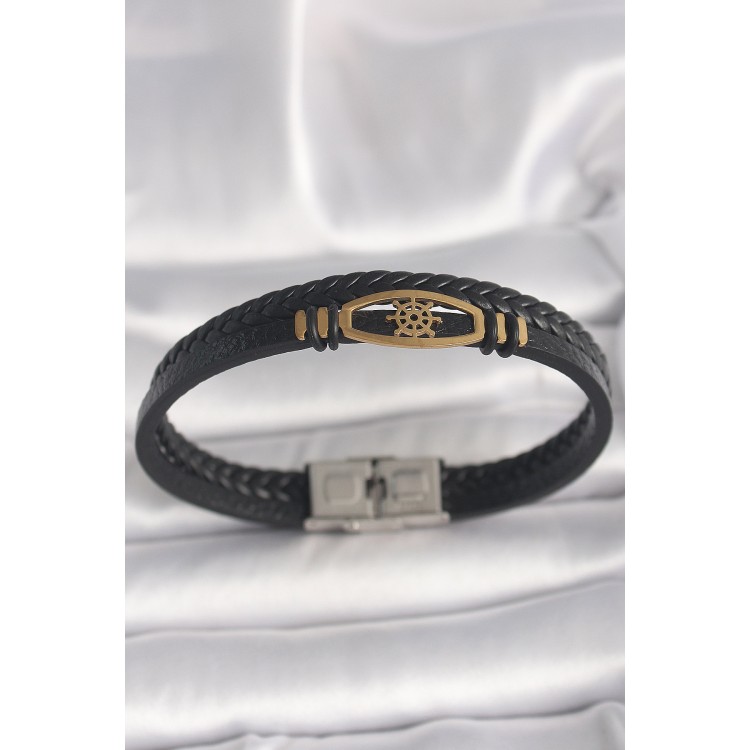 316L Çelik Gold Renk Gemi Dümen Figür Siyah Renk Çift Sıra Burgu Desenli Deri Kordon Erkek Bileklik - TJ-EB3706