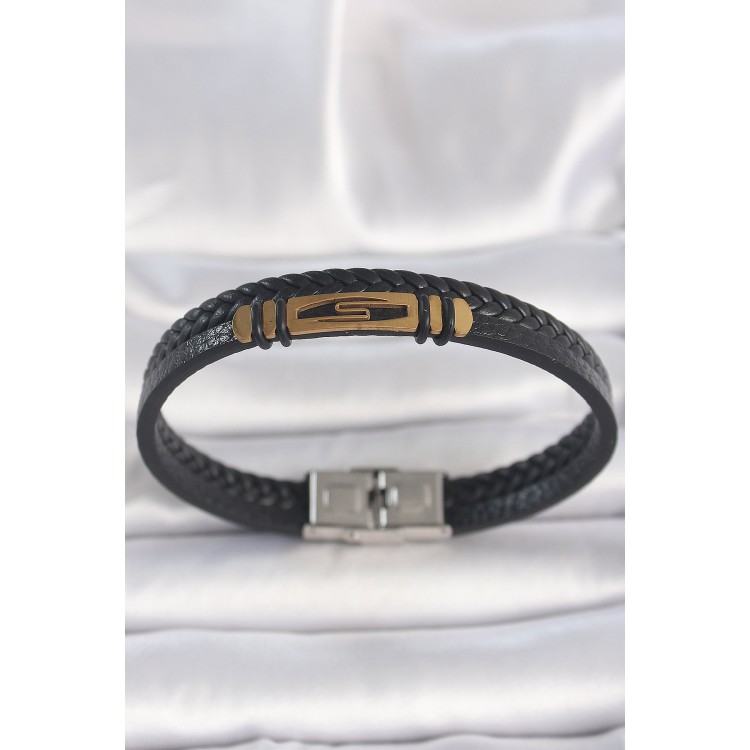 316L Çelik Gold Renk Aksesuarlı Çift Sıra Siyah Burgu Desenli Deri Kordon Erkek Bileklik - TJ-EB3708