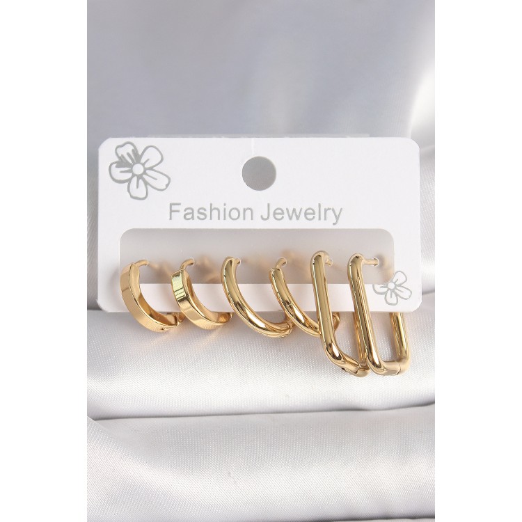 316L Çelik Gold Renk Kare Halka Model Kadın Küpe Seti - TJ-BKP10389