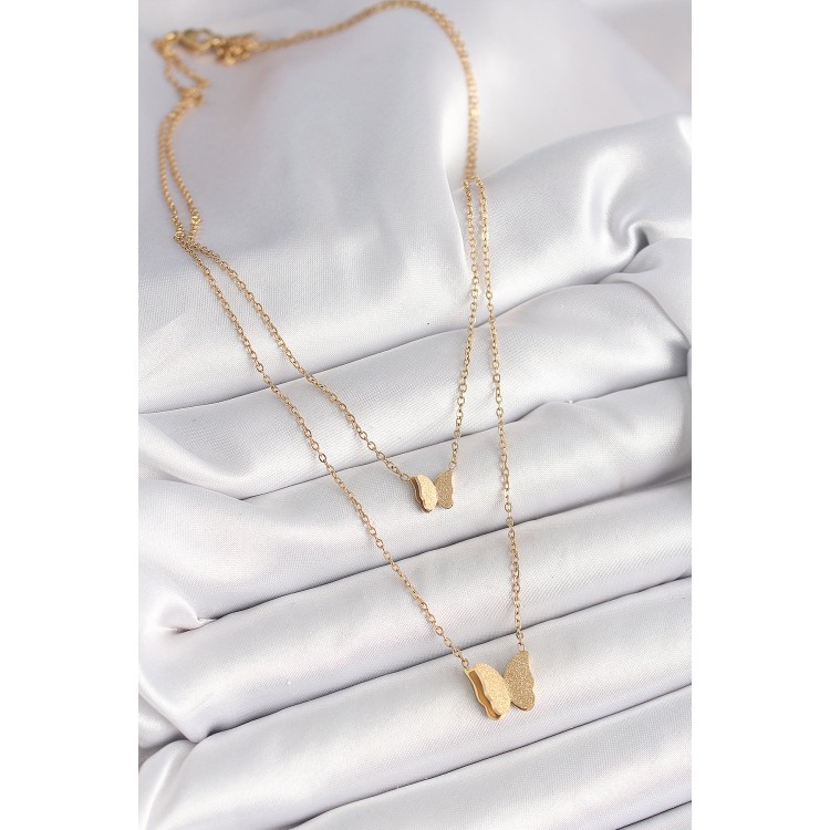 316L Çelik Gold Renk 2'Li Simli Kelebek Model Kadın Kolye - TJ-BKO9928