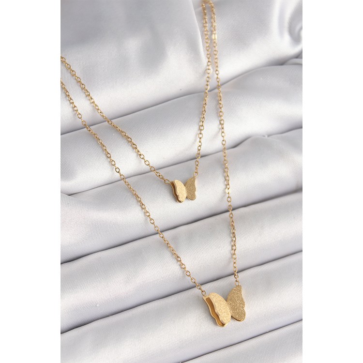 316L Çelik Gold Renk 2'Li Simli Kelebek Model Kadın Kolye - TJ-BKO9928