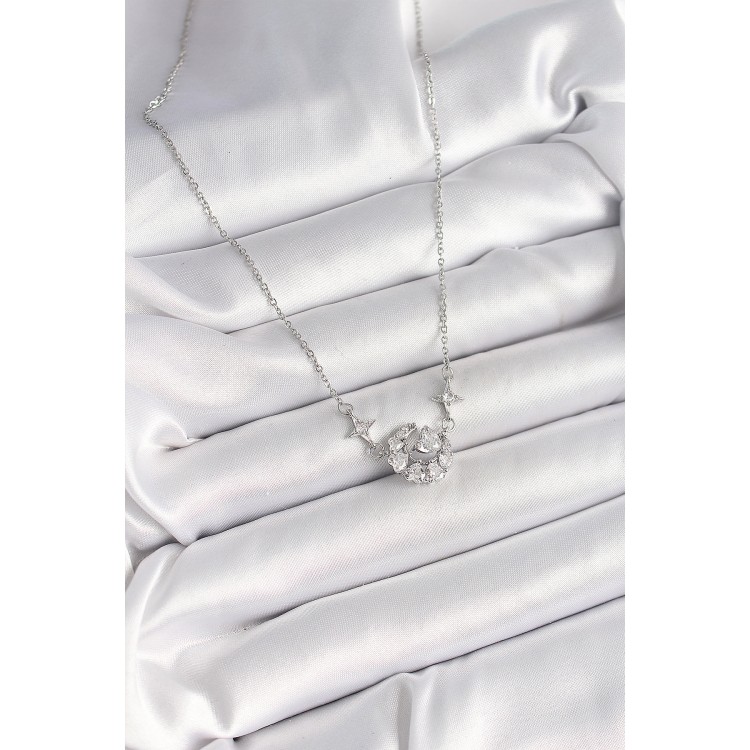 316L Çelik Gümüş Renk Zirkon Taşlı Hilal Kalp Model Kadın Kolye - TJ-BKO9929