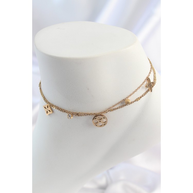 316L Çelik Gold Renk 2'Li Zincir Rüya Kapnı Figür Zirkon Taş Detay Kadın Halhal - TJ-HH1651