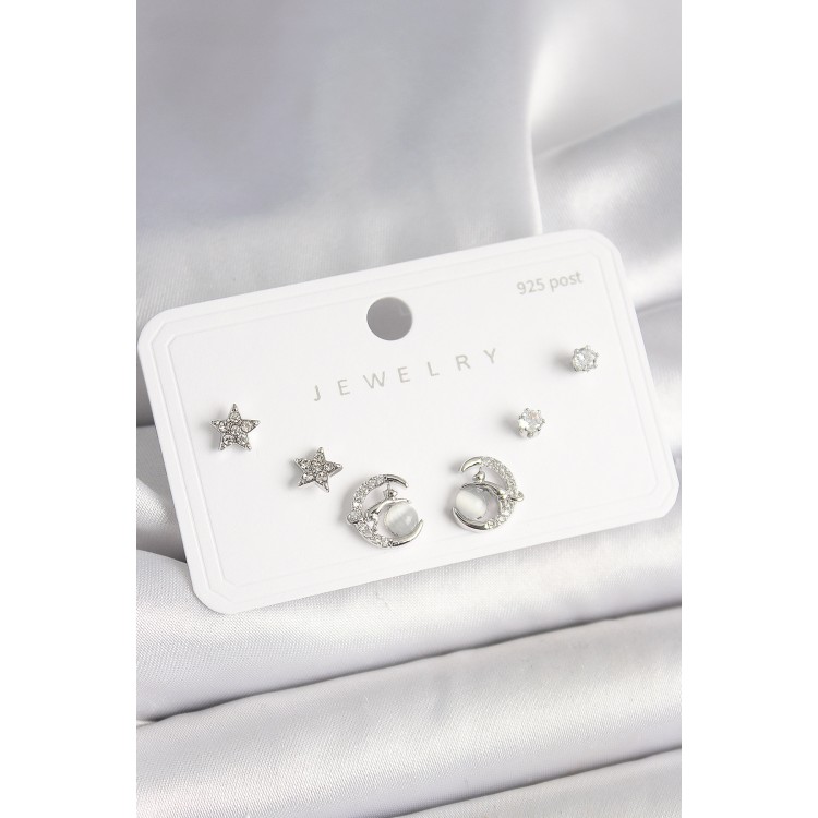 925 Ayar Gümüş Çivi Zirkon Taşlı Hilal Yıldız Model Kadın Küpe Seti - TJ-BKP10398
