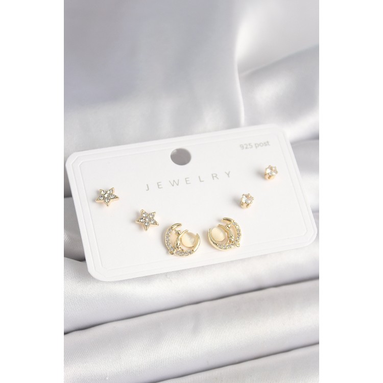 925 Ayar Gümüş Çivi Zirkon Taşlı Hilal Yıldız Model Kadın Küpe Seti - TJ-BKP10399