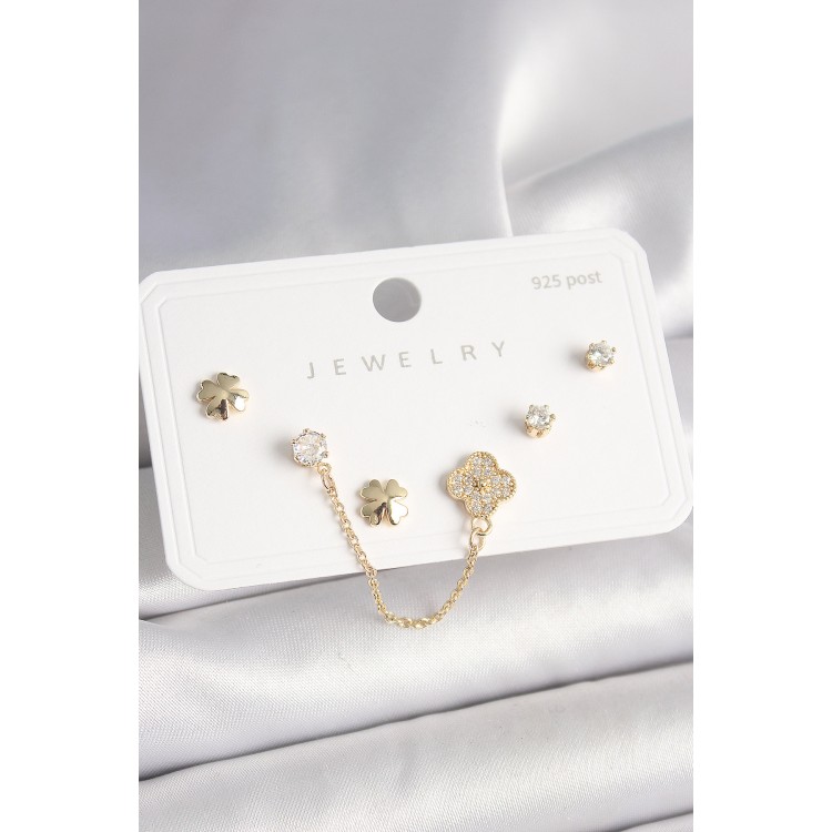 925 Ayar Gümüş Çivi Pirinç Gold Renk Zirkon Taşlı Yonca Model Sallantı Zincir Detay Kadın Küpe Seti - TJ-BKP10401