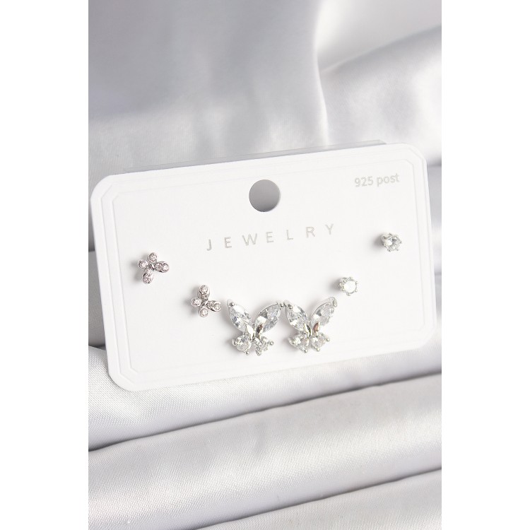 925 Ayar Gümüş Çivi Pirinç Zirkon Taşlı Kelebek Model Kadın Küpe Seti - TJ-BKP10402