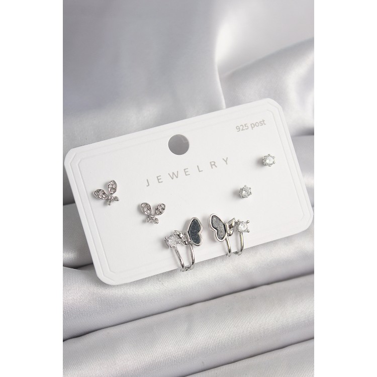 925 Ayar Gümüş Çivi Pirinç Gümüş Renk Zirkon Taşlı Kelebek Model Kadın Küpe Seti - TJ-BKP10404