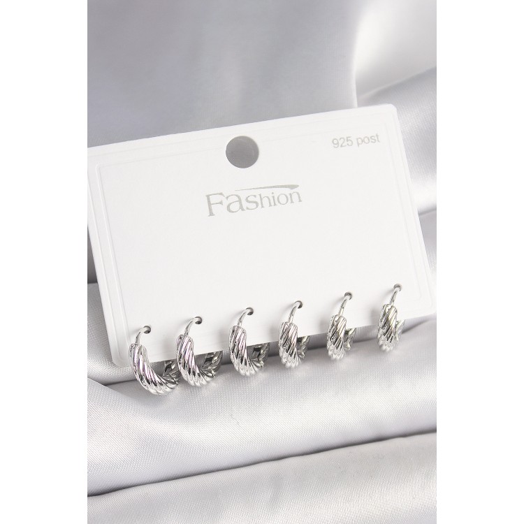 925 Ayar Gümüş Çivi Pirinç Gümüş Renk İşlemeli Halka Model Kadın Küpe Seti - TJ-BKP10410